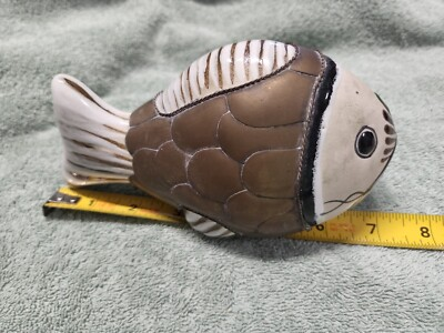 #ad #ad Brass Tone Armor and Ceramic Fish Pottery Folk Art Sculpture $17.88