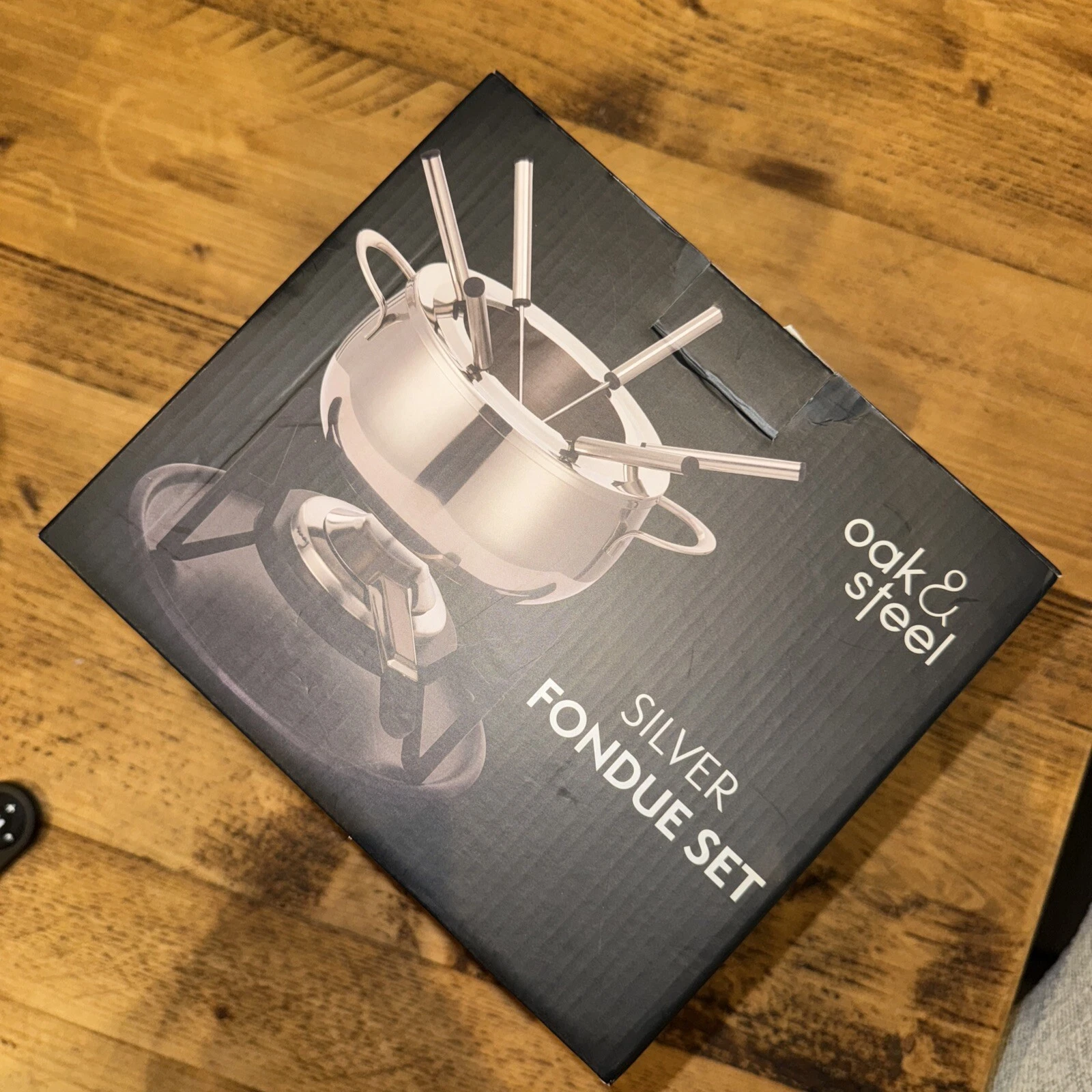 OAK + STEEL STAINLESS STEEL FONDUE SET BOXED NEVER USED