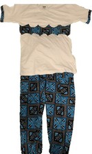 African Wax Textile Blue Pant T-shirt White Set Geometric Dashiki Kente Clothes
