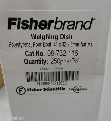 BOX OF 250 FISHERBRAND POLYSTYRENE POUR BOAT WEIGHING DISH 41 X 32 X 8mm 08-732-