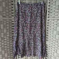 Vtg Midi Skirt Black Purple Abstract Leaf Print Lightweight Sz M Cottagecore