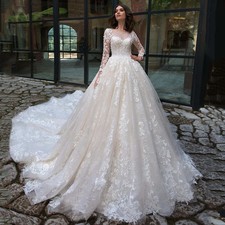 Lace Wedding Dress Full Sleeves Scoop Neck Beads Applique Long Train Bridal Gown
