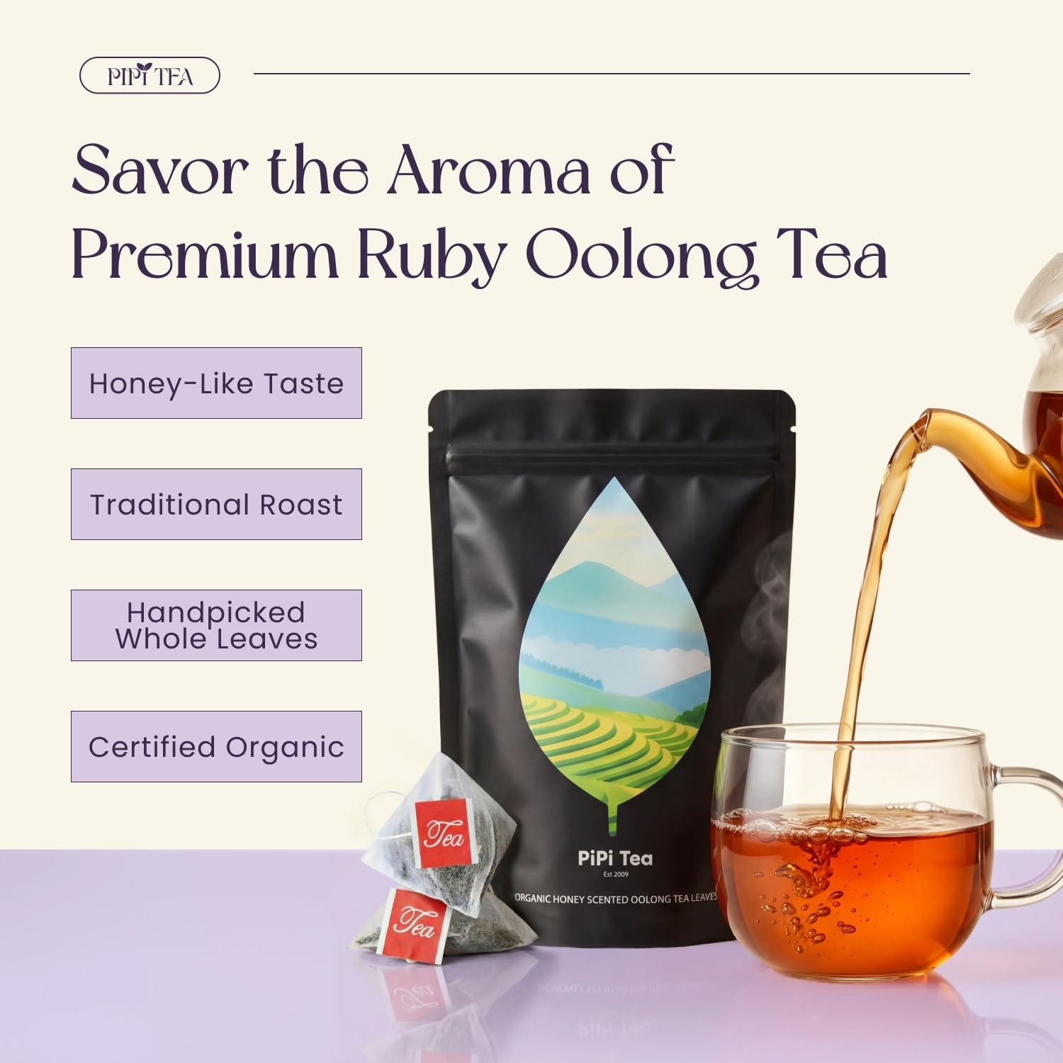 PiPi Tea Organic Oolong Tea Bags &ndash; Whole Leaf, 20 Bags 4g Each &ndash; Cortisol & C...