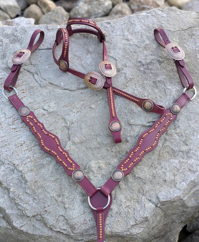 Very Berry Copper Spotted Double Earloop Headstall, Breast Collar Horse Tack Set - Image 1 of 4