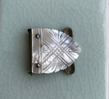Beautiful Vintage Art Deco Carved Mother of Pearl Brass Clasp Buckle/ Dress Hook
