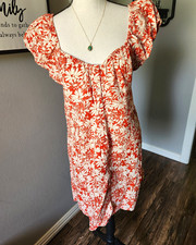 Madewell BurntOrange/White Floral Square Neck Puff Sleeve Linen-Viscose Dress 12