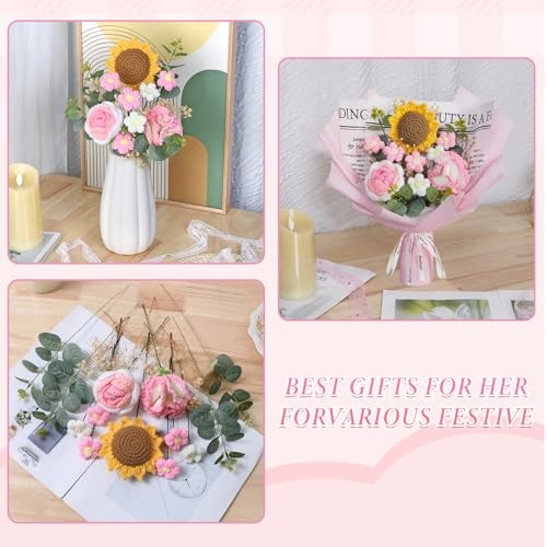 MEIVINES Handmade Crochet Flowers Bouquet,knitted Sunflower-Pink