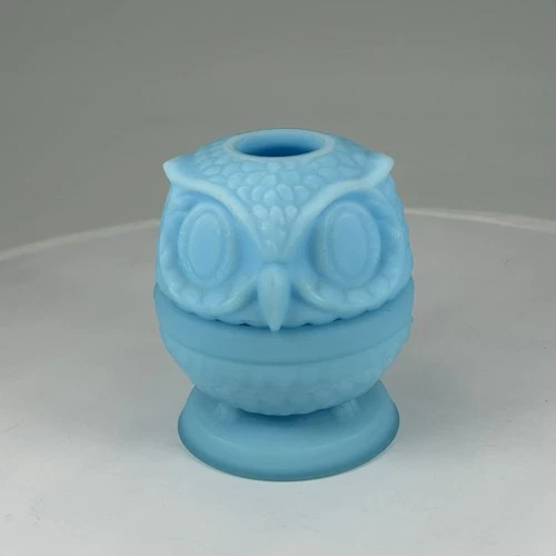 Vintage Fenton Blue Satin Glass Owl Fairy Lamp Art Glass Candle Holder