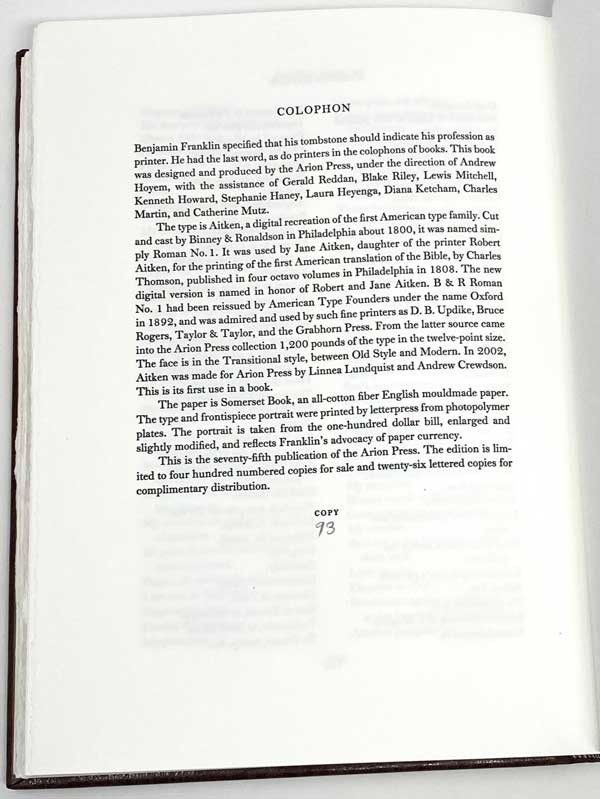 Benjamin Franklin-THE MEMOIRS OF BENJAMIN FRANKLIN-2006-ARION PRESS LIMITED ED