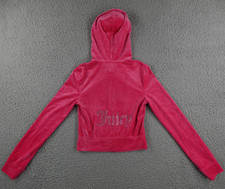 Juicy Couture Velour Hoodie Womens XS Pink Rhinestone Y2K Logo Full Zip Spellout