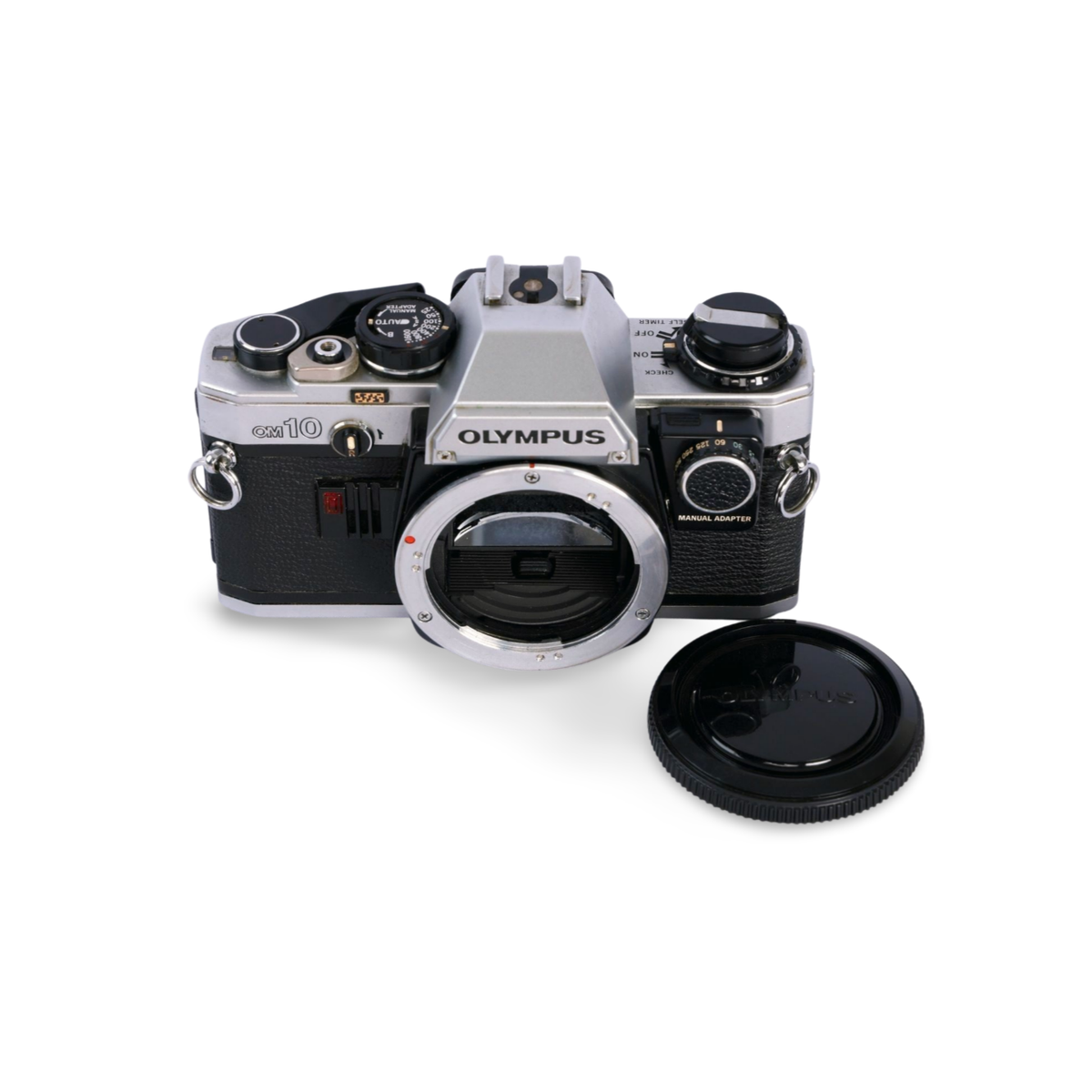 Olympus OM10 Chrome 35mm Film SLR Camera Body c/w Manual Adapter