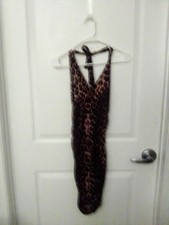 Romwe Woman's Sleeveless Leopard Mini Bodycon Halter Dress W/Sides Cinching Sz S