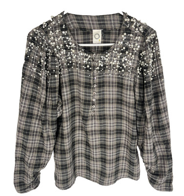 Akemi + Kim Anthropologie Top Women Small Black Gray Plaid Pearls Western Boho