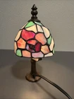 Vintage Tiffany Style Stained Glass Table Lamp-9” Green Burgundy Floral S6