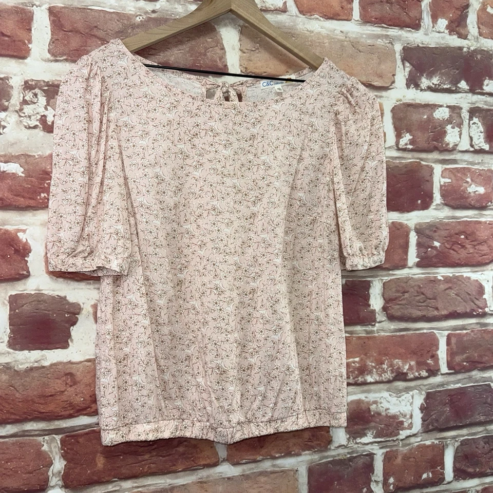 Camisa corta C&C California para mujer M rosa multicolor floral abstracta nuca con corbata Foto 2 de 4