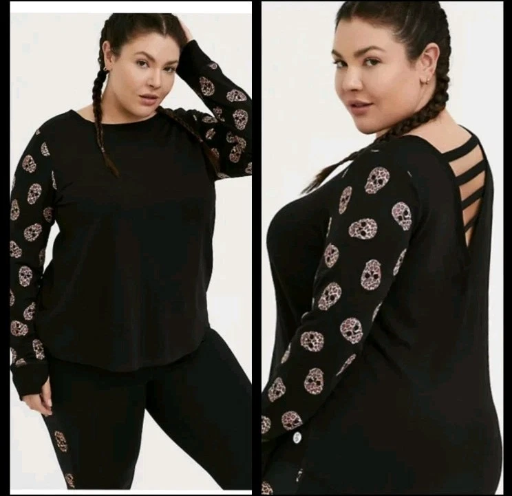 Torrid 1X Black Leopard Skull Sleeve Sweatshirt Strappy Ladder Back Goth NWT - Image 2 of 4