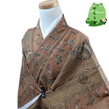 Kaerutei Kimono Synthetic Fiber Brown Fine Pattern Washable Used Japan