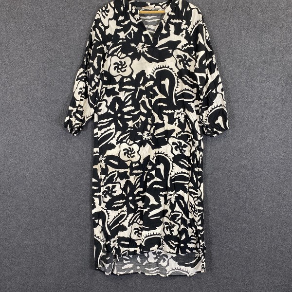 Filanto Dress Womens L Black Floral Kaftan Midi 3/4 Sleeve V Neck Boho Beach