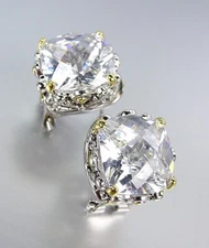 Designer Style Silver Gold Balinese Filigree Clear Quartz CZ Crystal Earrings