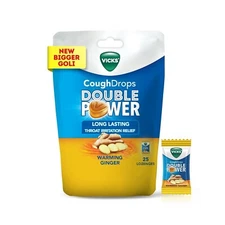 Vicks Cough Drops Candy 50 Pieces Pouch - Ginger Flavor for Throat Relief NEW