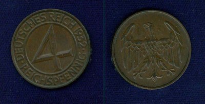 GERMANY WEIMAR REP.  1932-F   4 REICHSFPENNIG COIN  ALMOST UNCIRCULATED