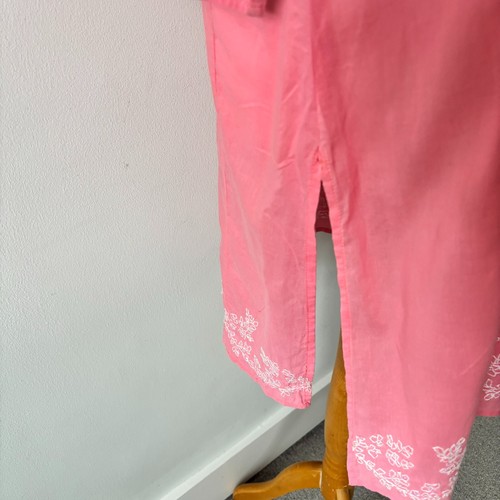 East Pink White Floral Embroidered Cotton Kaftan Dress Sequins Side Slits Size L - Picture 7 of 12