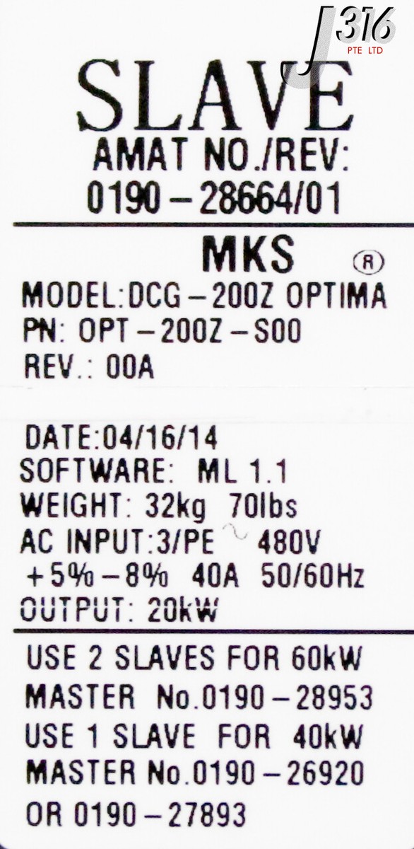 34605 MKS DC PLASMA GEN, SLAVE, 10KW, P/N: OPT-200Z-S00 DCG-200Z
