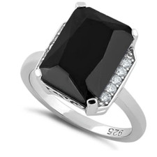Sterling Silver Black Onyx Radiant Cut CZ Solitaire Ring Size 6 New