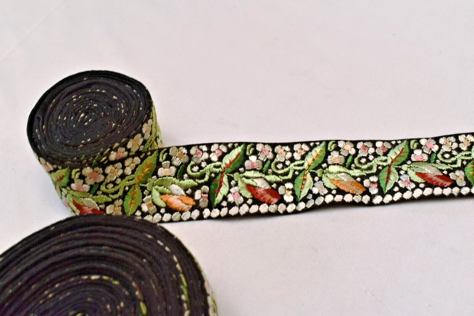 Antiguo Parsi Gara Sari Kor Borde Encaje Bordado Terciopelo Floral Cinta Negro"I5 Foto 3 de 4