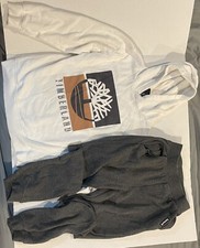 Bundle Timberland Hoodie Sweatshirt White Pullover With Pants Youth Size M 12 