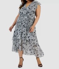 Tahari Black/White Paisley-Print Ruched-Waist MIDI Dress Plus Size 24W