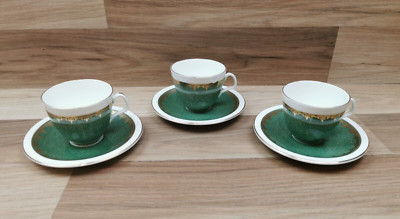 3 x Vintage E Brain & Co Foley Porzellan kleine grün & gold Kaffeetassen & Untertassen