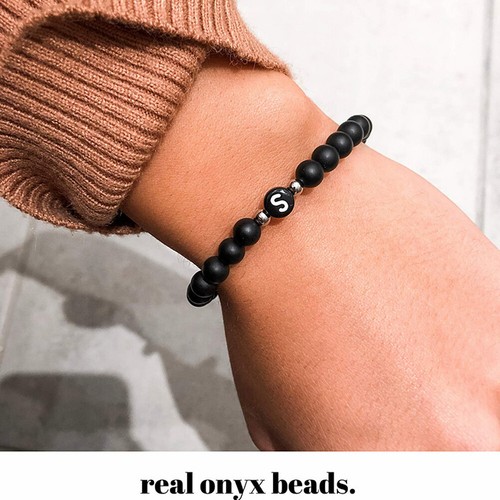 US Initialen Armband 6mm matt schwarz Onyx Buchstabenarmband Alphabet Paar Unisex - Bild 8 von 36