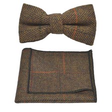 Luxury Dijon Herringbone Check Bow Tie Pocket Square Set, Tweed