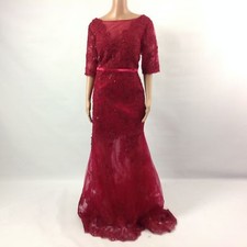 F16 Womens Long Dress Lace Red Embellished Sheer Illusion Boat Neck Short Sleeve