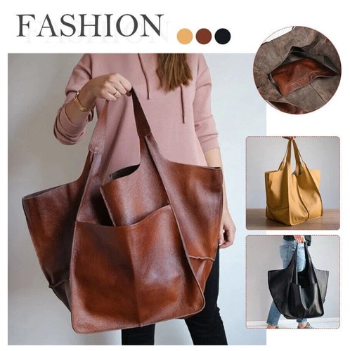 Lady Retro Large Capacity Soft Leather Casual Tote Shoulder Bag Shopper Handbag