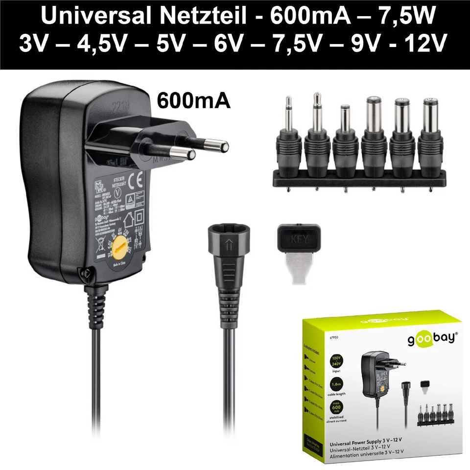 Universal Netzteil 3- 12V umschaltbar 600mA-1000mA-1500mA mit 6 Adapterstecker - Bild 2 von 4