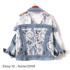 Women's Flower Embroidered Hollow Lace Patchwork Denim Jacket  Summer Coat HOT