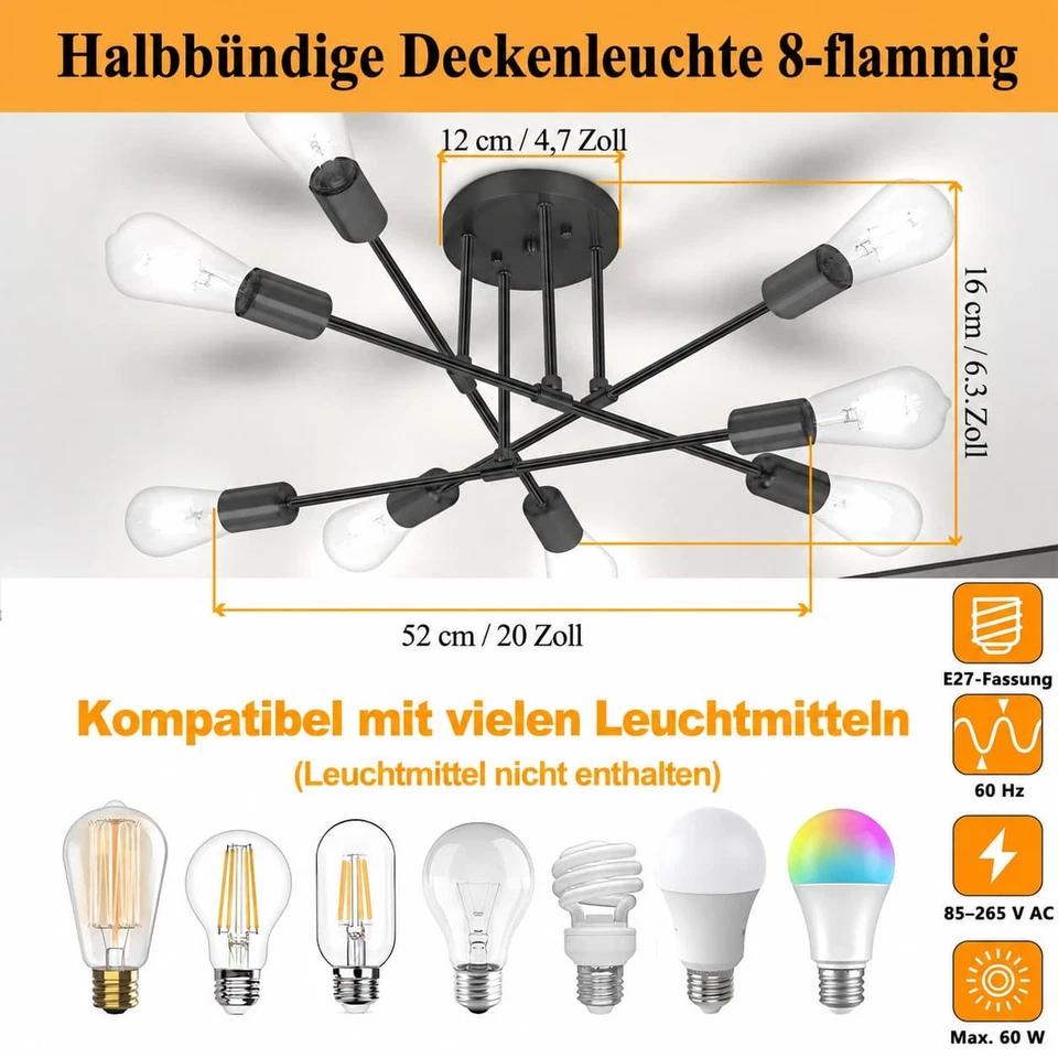 6/8-flammige Deckenleuchte Schwarz Metall E27 360° verstellbar Wohnzimmer Modern - Bild 3 von 4
