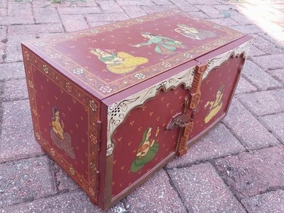 Vintage Hand Painted India Wooden Jewelry Dowry Storage Box 9''H X 15''W X8''D
