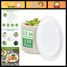 100 Compostable Oval Paper Plates 12" - 125 Pack, Biodegradable Sugarcane, Stro
