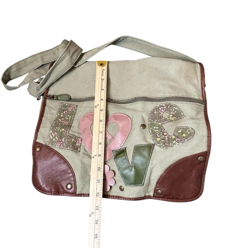 Bongo Messenger Bag Olive Green Crossbody Peace Sign Love Hippie 60's 70's - Image 4 of 4