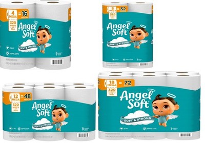Angel Soft Toilet Paper, 12 Mega Rolls = 48,16,32 Regular Rolls, Soft and Strong