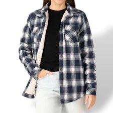 NWT Plaid Shacket Women  s XL Flannel Shirt Jacket Sherpa Lined Navy Blue White