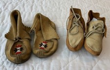 Vintage Leather  Suede Moccasins, Two Pair, With Beadwork, Children  s, Camel
