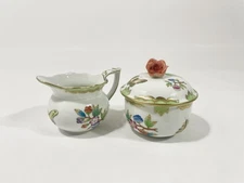 Herend Queen Victoria Green Boarder Sugar Bowl & Creamer Set