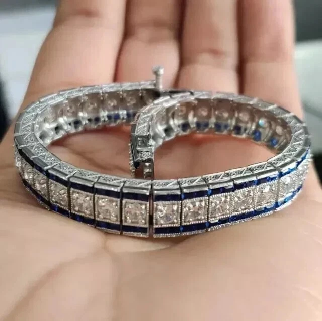 Pulseira de tênis masculina de safira 9 quilates princesa criada em laboratório acabamento em ouro branco 14K - Imagem 4 de 4