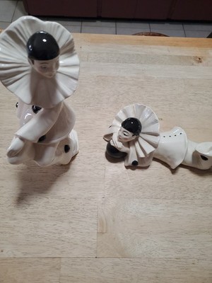 Pierrot Clown Ceramic Figurine French Harlequin Set Of 2 Goth Art Deco Hollywood