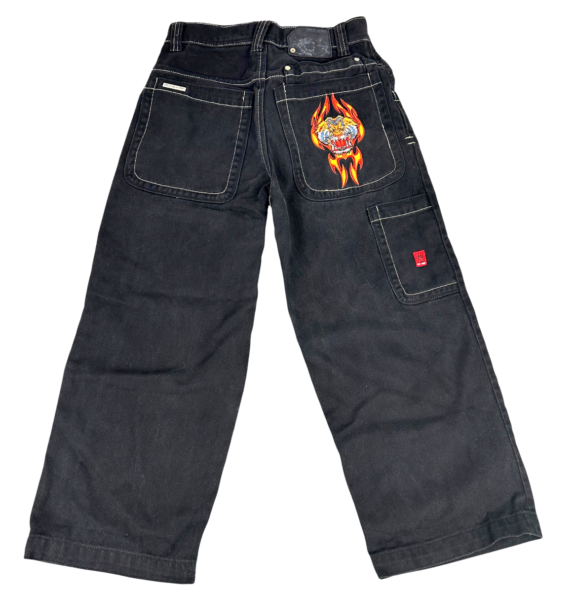 Vtg JNCO Black Flaming Tiger Jeans Youth 12 Embroidered Baggy 90s