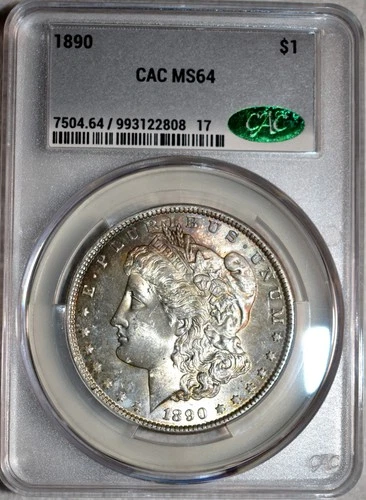 CACG MS-64 1890-P Morgan Silver Dollar, Cartwheeling, Irridecent Toned specimen
